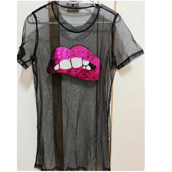 Shein Curve Unity Plus Black Mesh Pink Sequin Tunic Top Sheer 4X - Picture 10 of 11